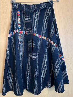 Bohemian Indigo Stripe Midi Wrap Skirt with Multicolor Embroidery Artisan Made